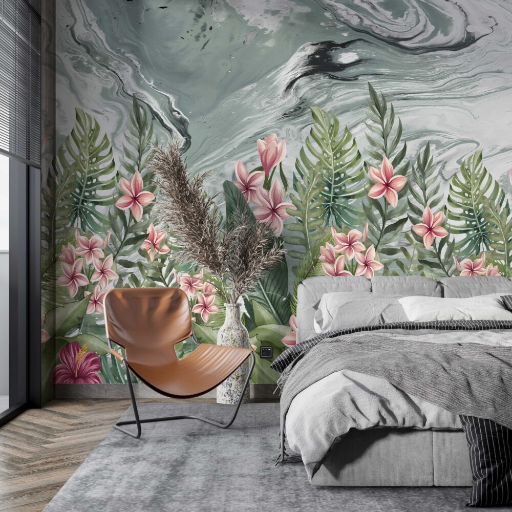 Pink Frangipani Wallpaper : Tropical Leaves Marble Mural - View 2