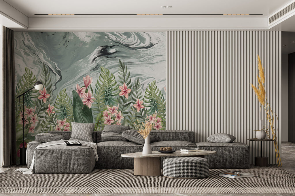 Pink Frangipani Wallpaper : Tropical Leaves Marble Mural - View 4