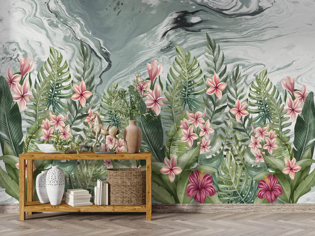 Pink Frangipani Wallpaper : Tropical Leaves Marble Mural - View 5