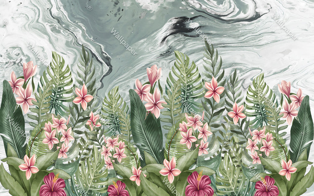 Pink Frangipani Wallpaper : Tropical Leaves Marble Mural - flat design