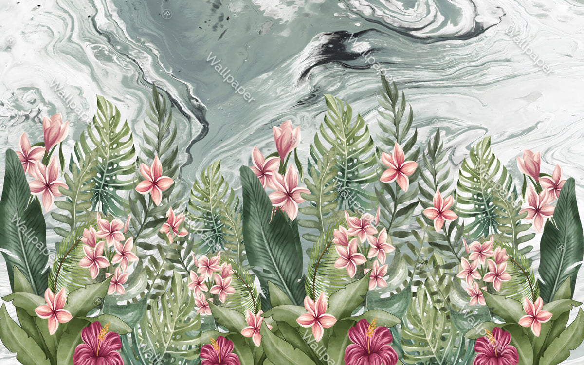 Pink Frangipani Wallpaper : Tropical Leaves Marble Mural - flat design