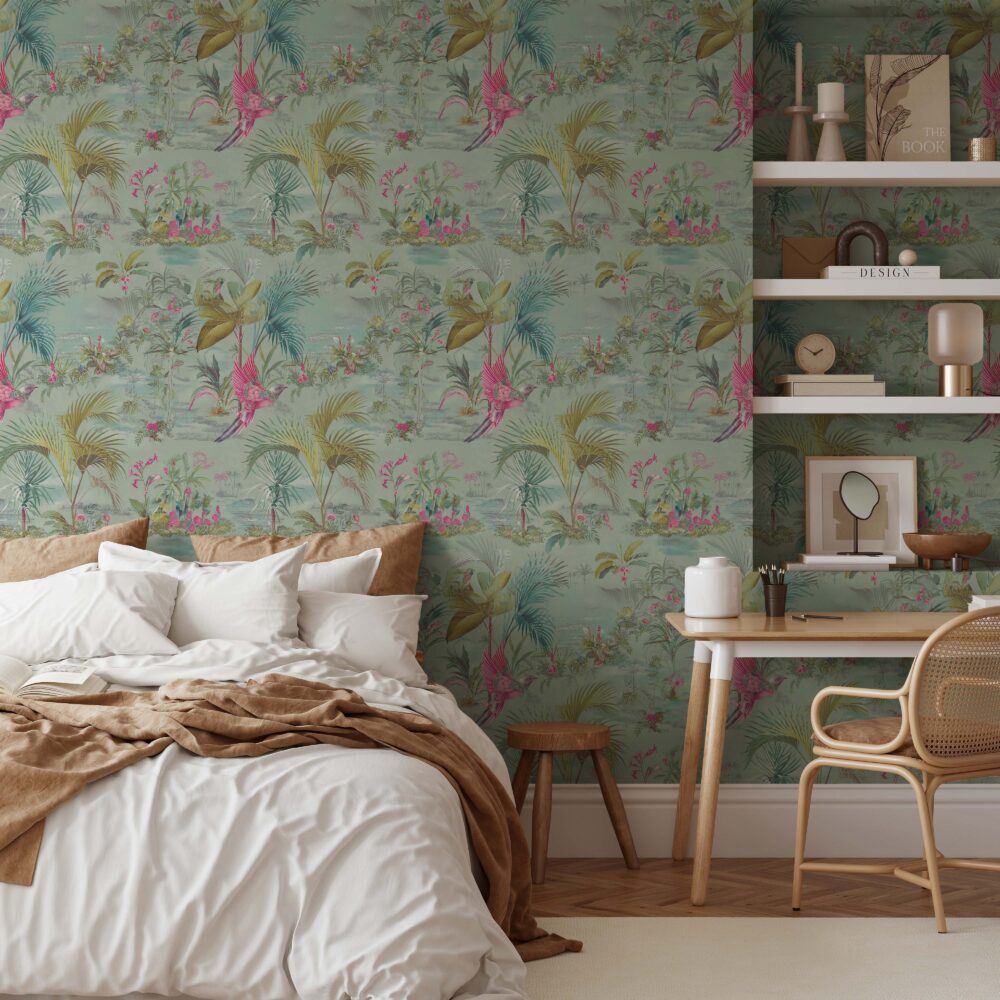 Palm and Parrot Wallpaper : Mint Tropical Pattern - View 2