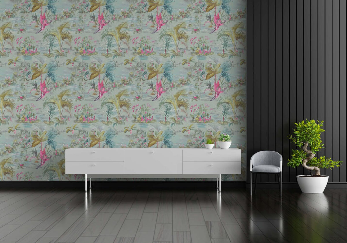 Palm and Parrot Wallpaper : Mint Tropical Pattern - View 3
