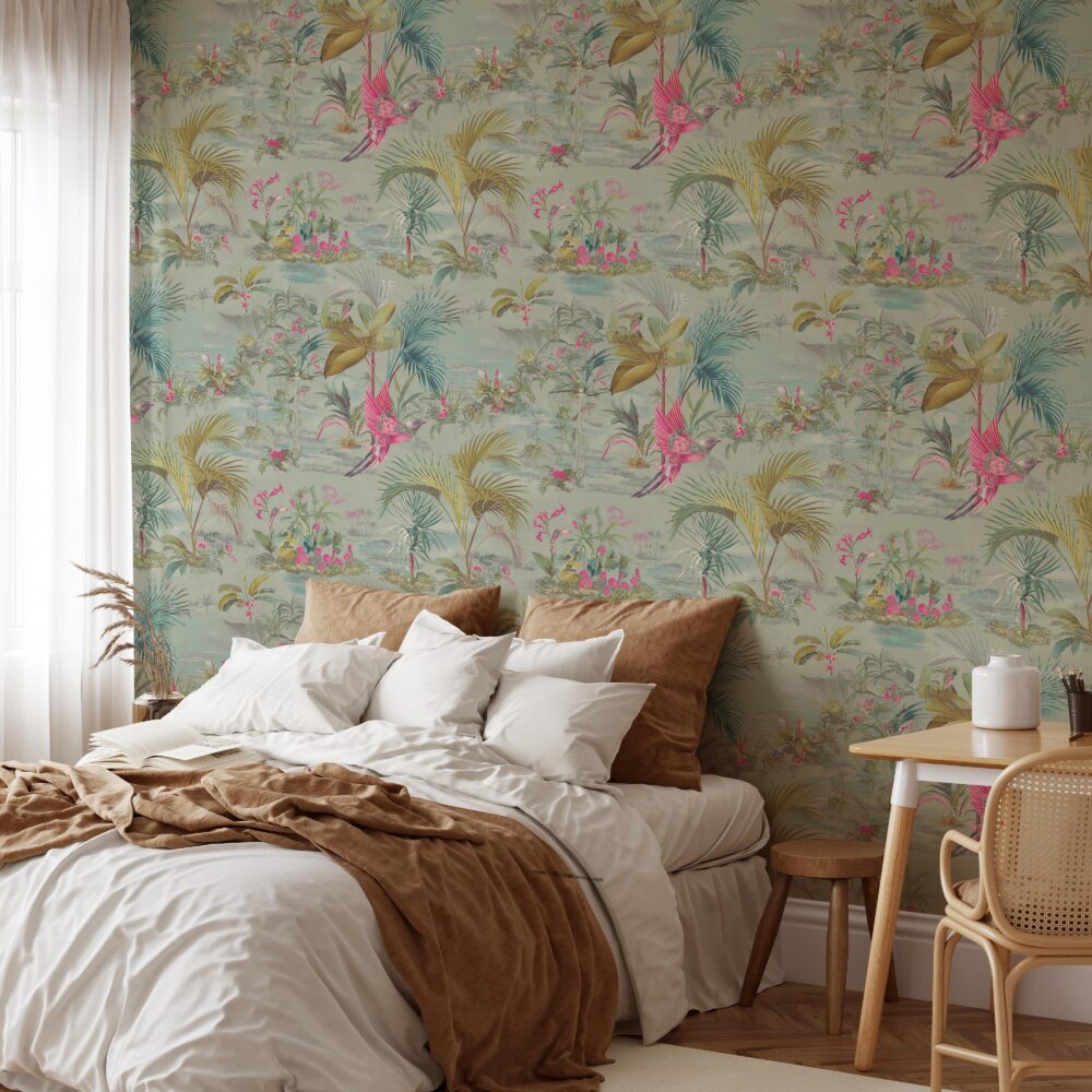 Palm and Parrot Wallpaper : Mint Tropical Pattern - View 5