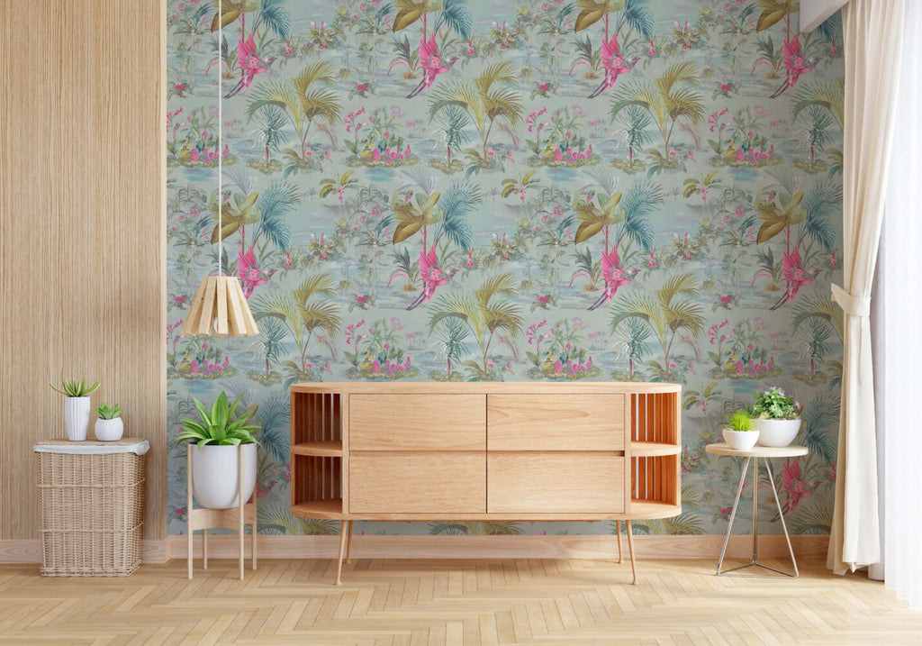 Palm and Parrot Wallpaper : Mint Tropical Pattern