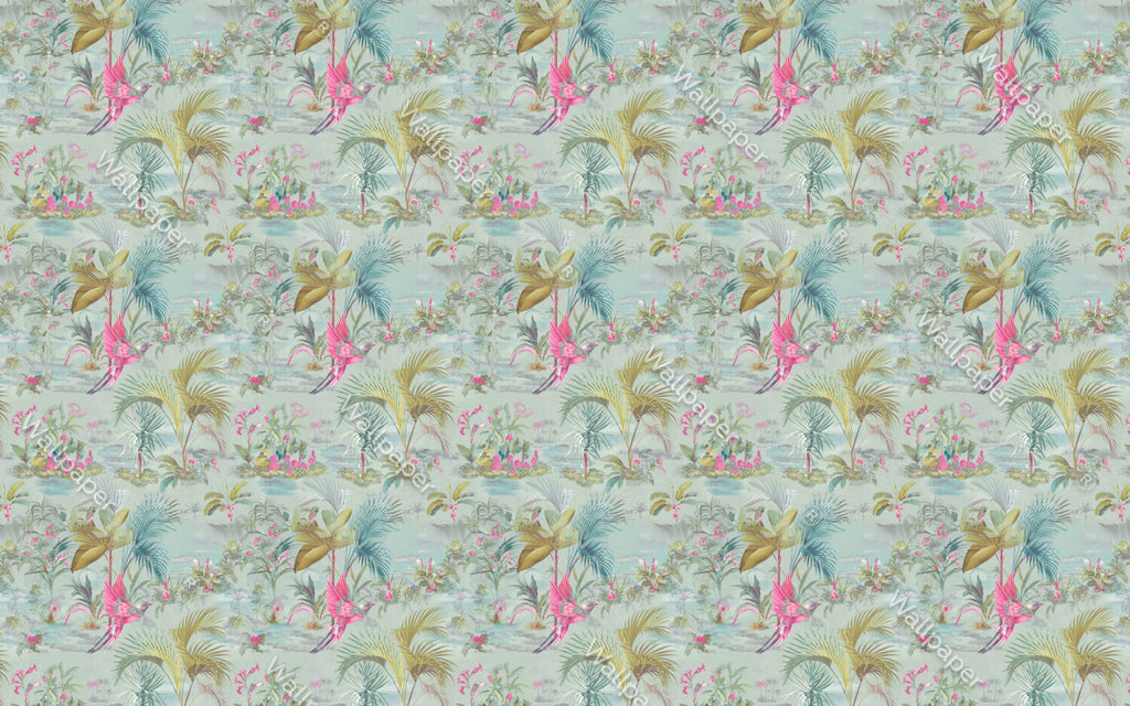 Palm and Parrot Wallpaper : Mint Tropical Pattern - flat design