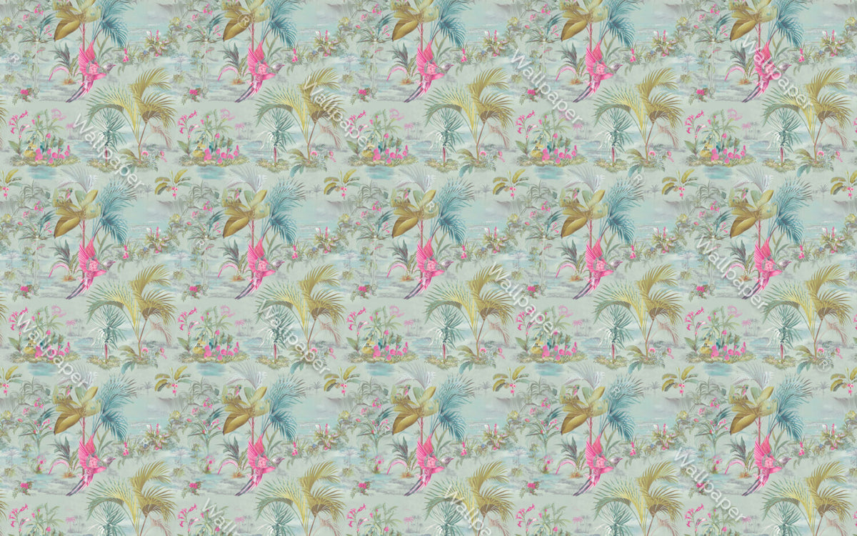 Palm and Parrot Wallpaper : Mint Tropical Pattern - flat design