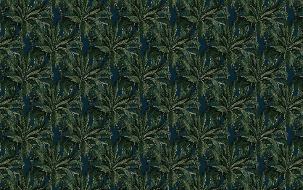 Dark Palm Leaf Wallpaper : Green Tropical Pattern on Navy Mural - flat design