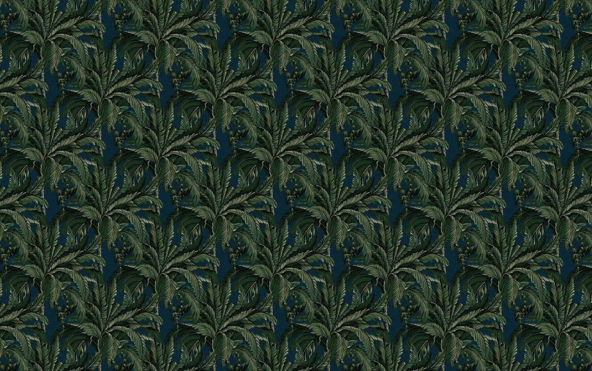 Dark Palm Leaf Wallpaper : Green Tropical Pattern on Navy Mural - flat design