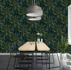 Dark Palm Leaf Wallpaper : Green Tropical Pattern on Navy Mural - View 2
