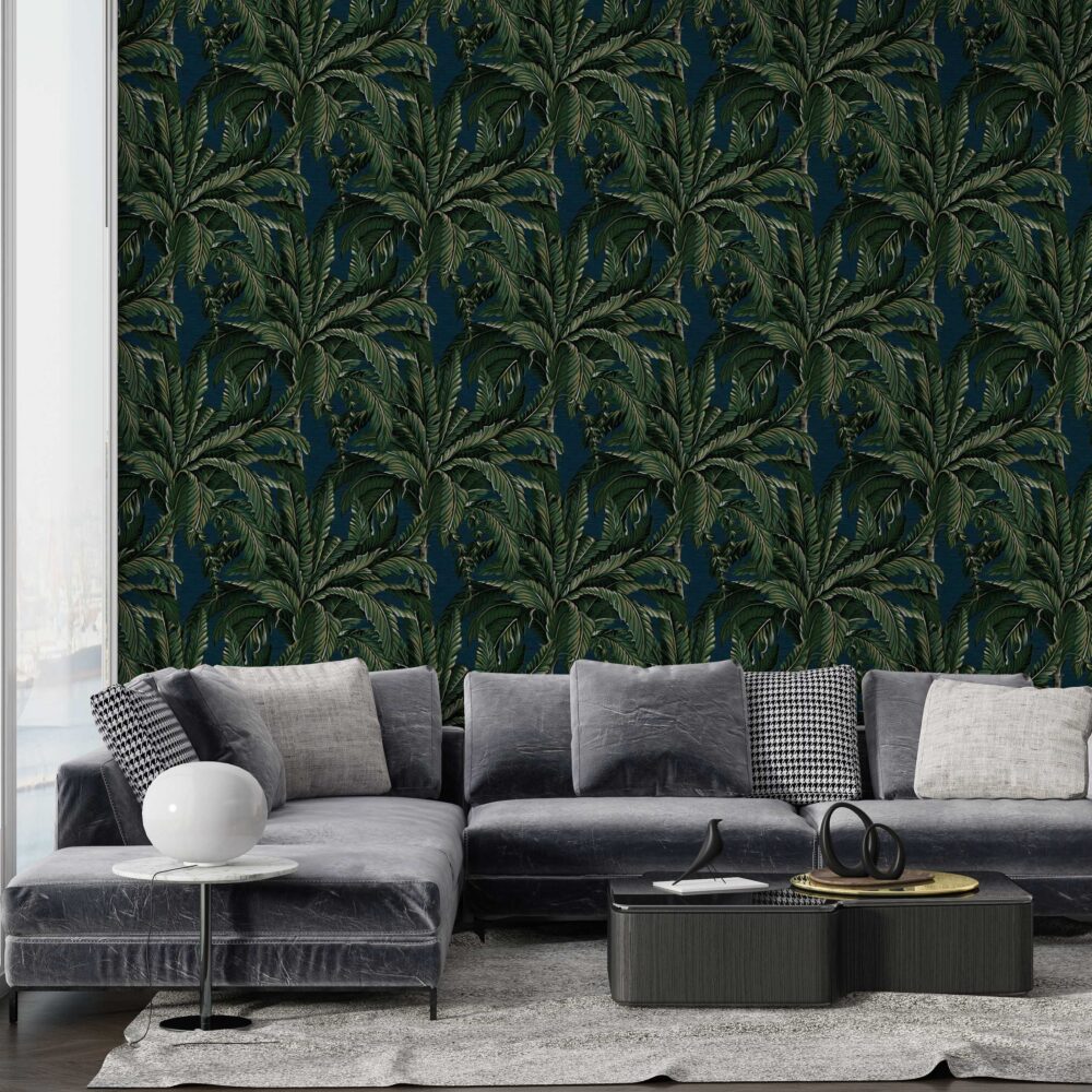 Dark Palm Leaf Wallpaper : Green Tropical Pattern on Navy Mural - View 3