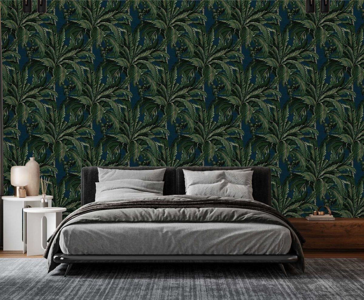 Dark Palm Leaf Wallpaper : Green Tropical Pattern on Navy Mural