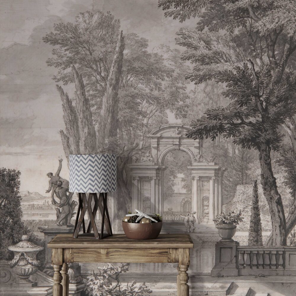 Antique Garden Fountain Wallpaper : Sepia Classical Park Mural - View 2