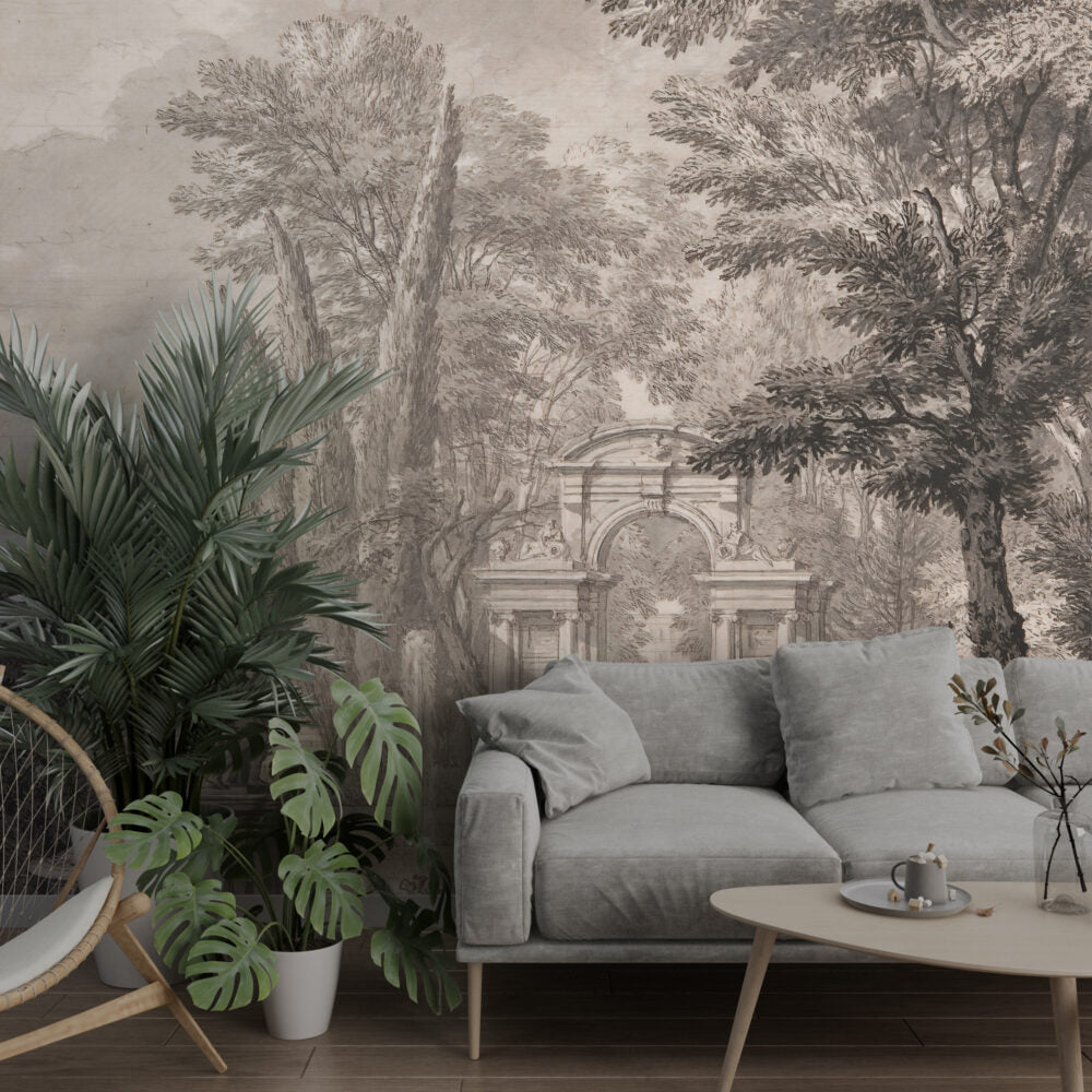 Antique Garden Fountain Wallpaper : Sepia Classical Park Mural - View 3