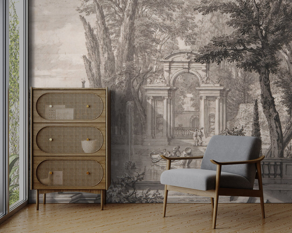 Antique Garden Fountain Wallpaper : Sepia Classical Park Mural - View 4