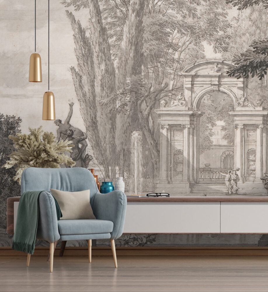 Antique Garden Fountain Wallpaper : Sepia Classical Park Mural