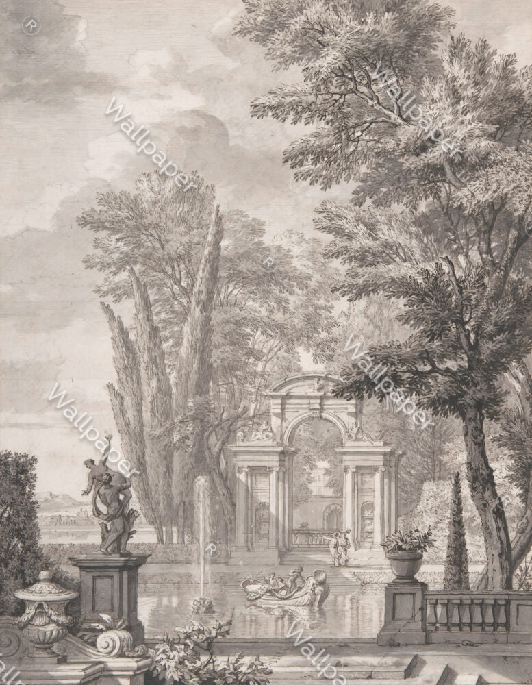 Antique Garden Fountain Wallpaper : Sepia Classical Park Mural - flat design
