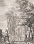 Antique Garden Fountain Wallpaper : Sepia Classical Park Mural - flat design