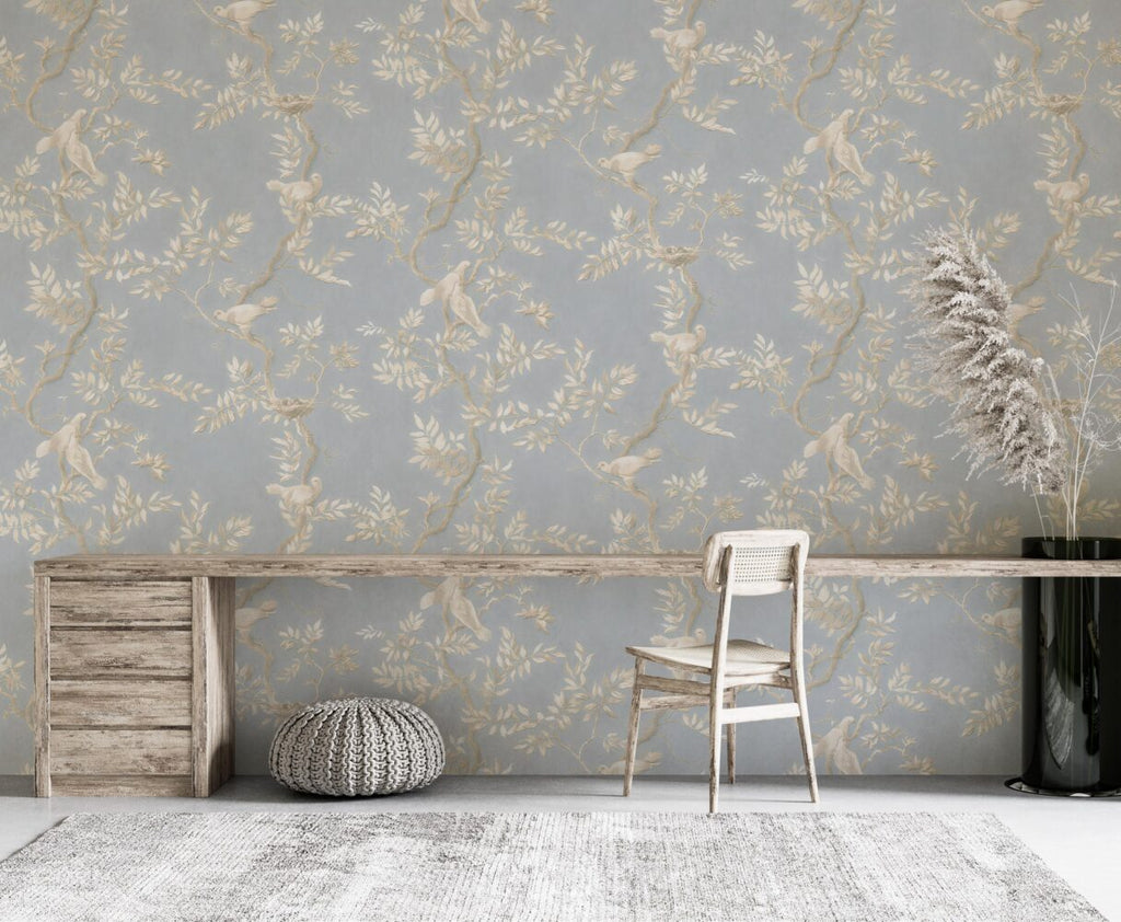 Nightingale Vine Wallpaper : Pale Blue Bird Pattern - View 3