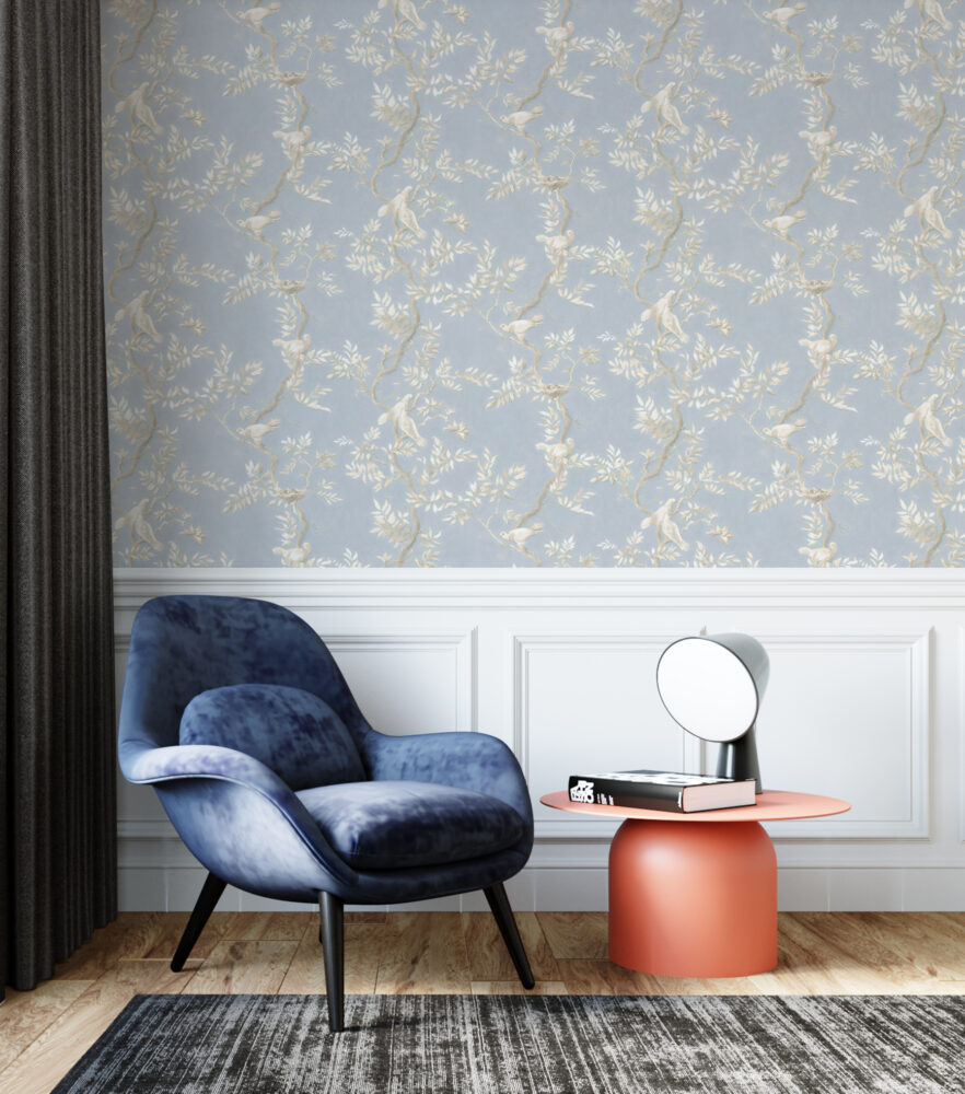 Nightingale Vine Wallpaper : Pale Blue Bird Pattern - View 4