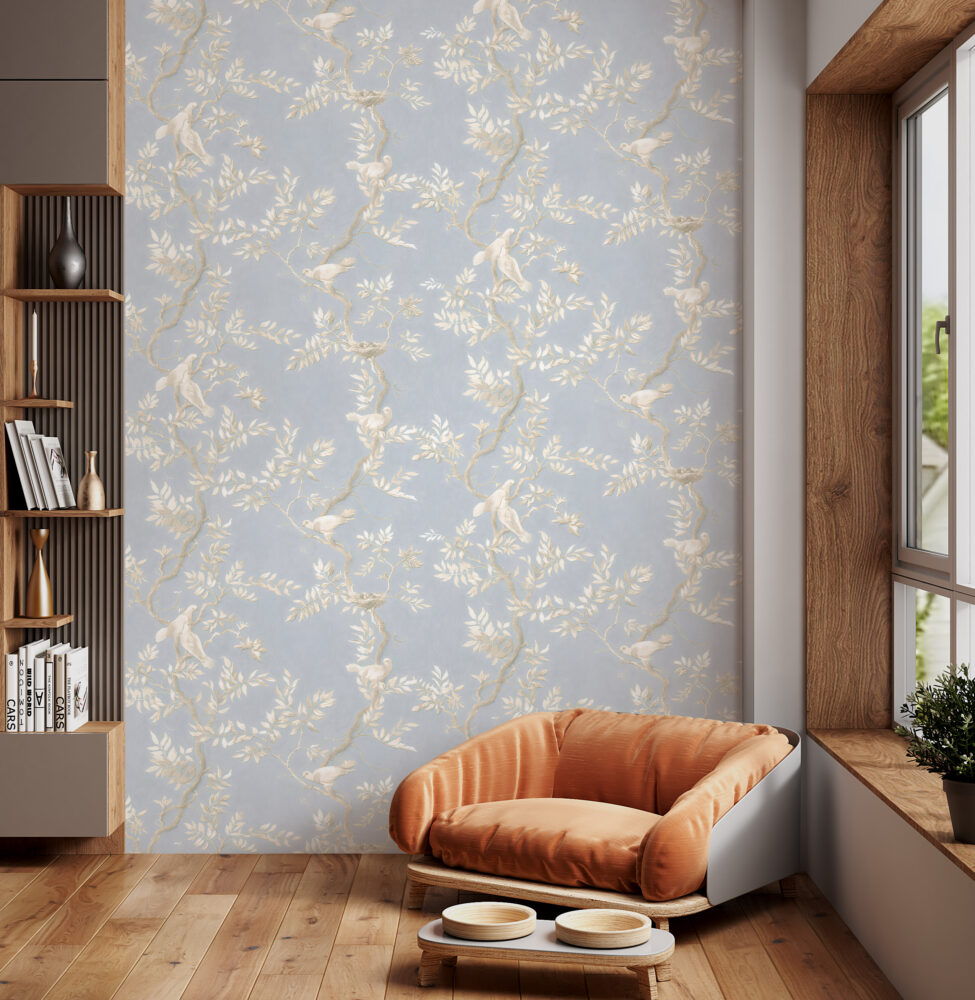 Nightingale Vine Wallpaper : Pale Blue Bird Pattern