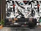 Abstract Black and White Wallpaper : Graphic Brush Shapes Mural - View 2