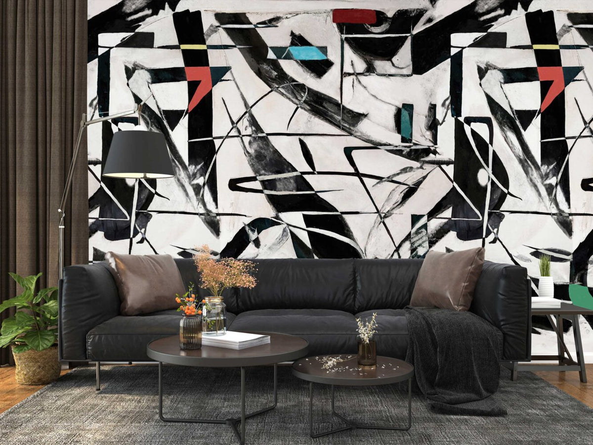 Abstract Black and White Wallpaper : Graphic Brush Shapes Mural - View 2