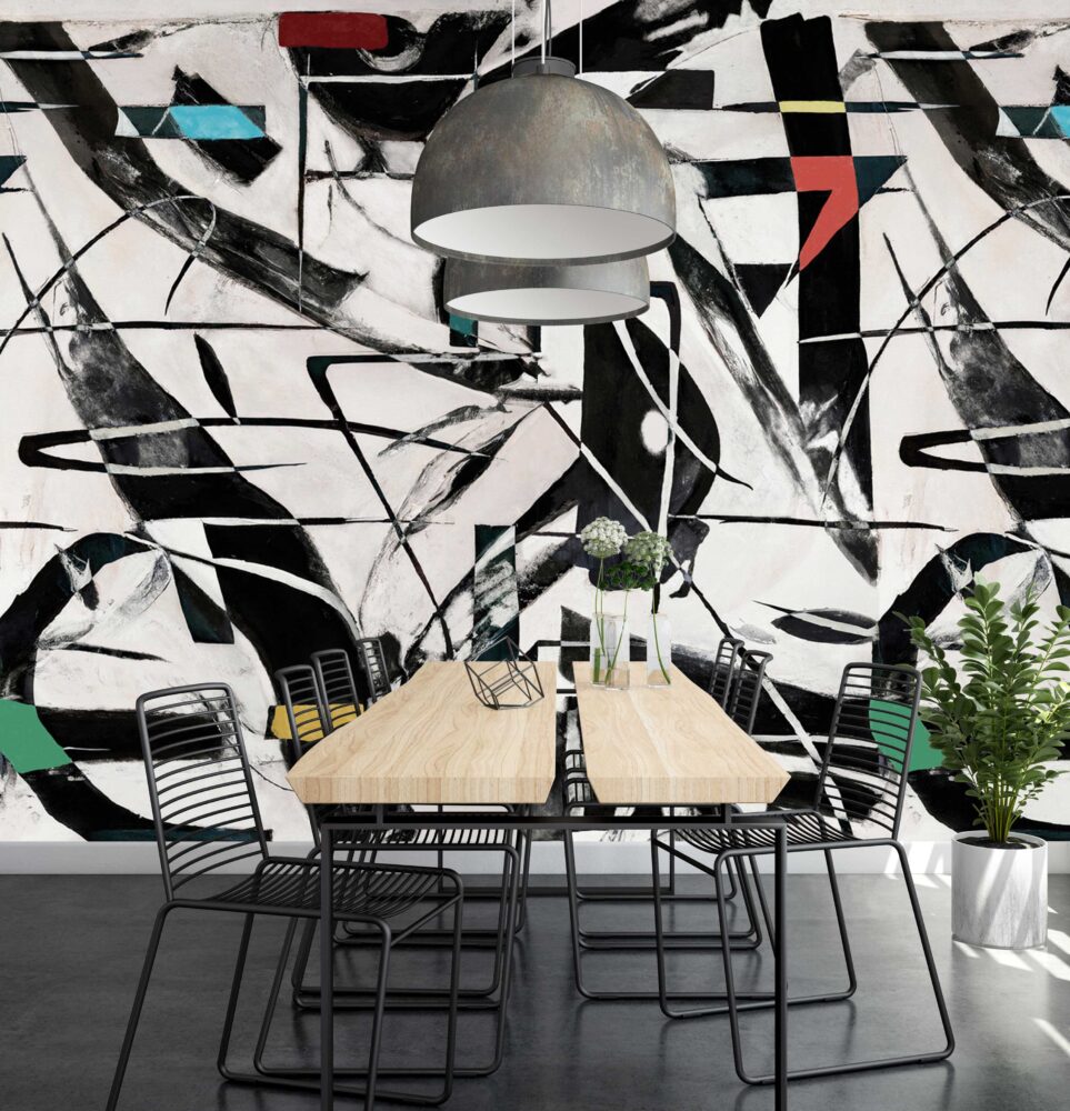 Abstract Black and White Wallpaper : Graphic Brush Shapes Mural