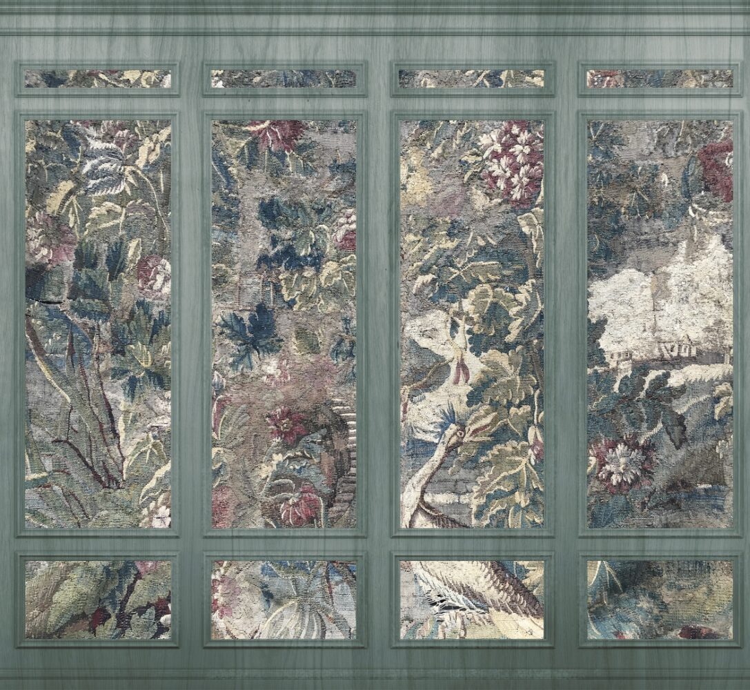 Tapestry Panel Wallpaper : Vintage Floral Panels with Moulding Mural - flat design