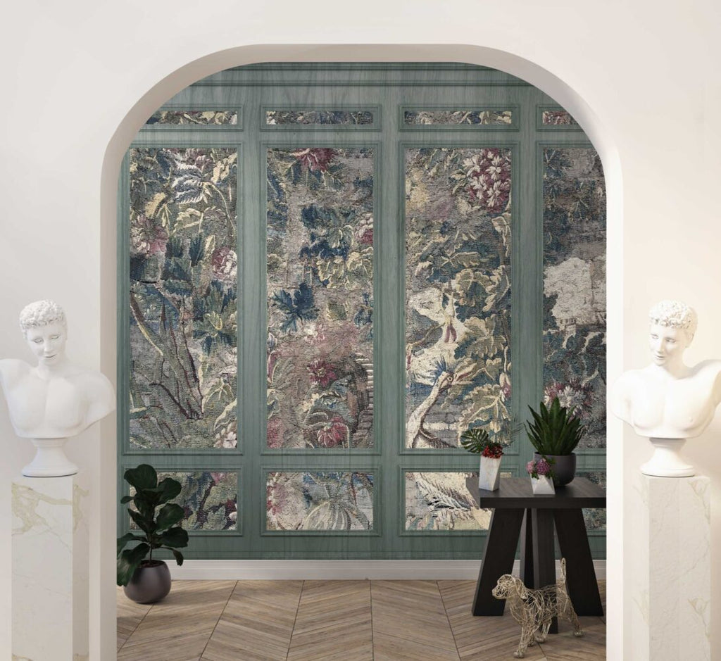 Tapestry Panel Wallpaper : Vintage Floral Panels with Moulding Mural - View 2