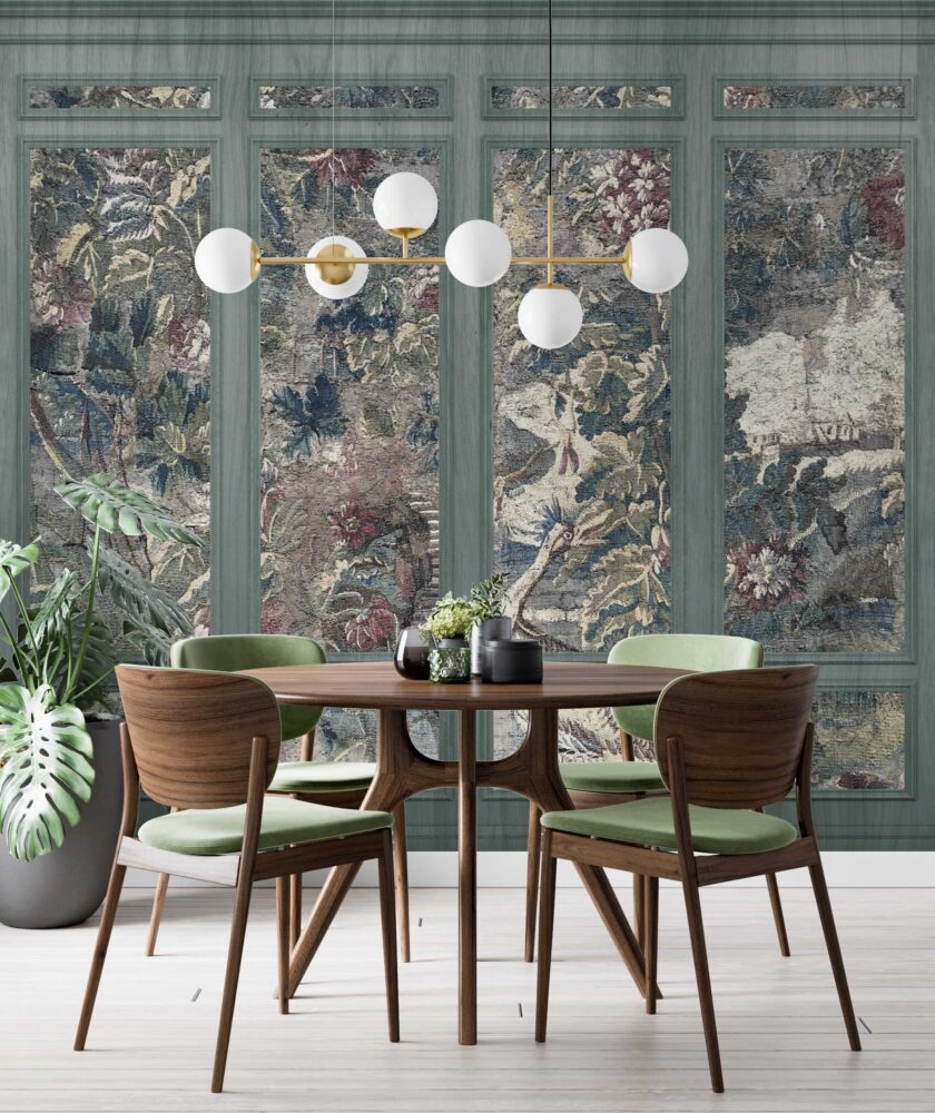 Tapestry Panel Wallpaper : Vintage Floral Panels with Moulding Mural - View 3