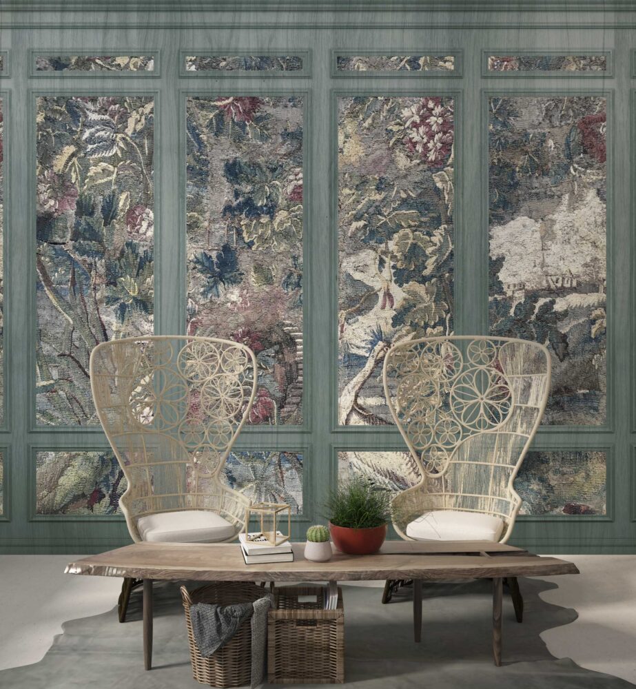 Tapestry Panel Wallpaper : Vintage Floral Panels with Moulding Mural - View 4