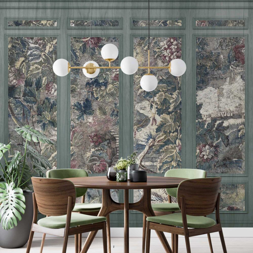 Tapestry Panel Wallpaper : Vintage Floral Panels with Moulding Mural