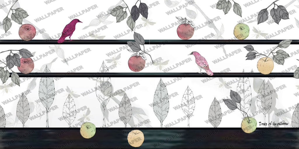 White Apple Birds Wallpaper : Sketch Leaf Shelf Mural - View 2