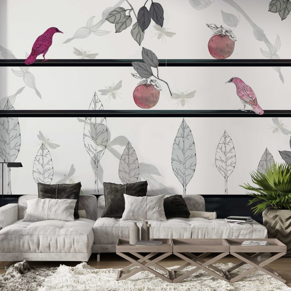 White Apple Birds Wallpaper : Sketch Leaf Shelf Mural - View 3