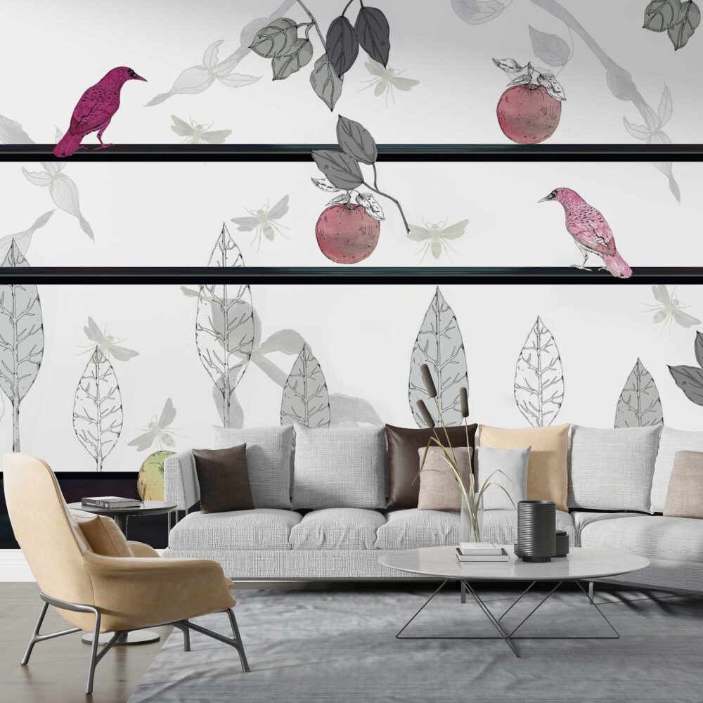 White Apple Birds Wallpaper : Sketch Leaf Shelf Mural - View 4