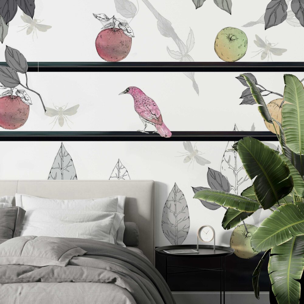 White Apple Birds Wallpaper : Sketch Leaf Shelf Mural - View 5