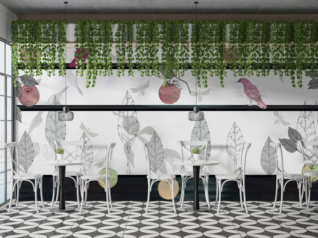 White Apple Birds Wallpaper : Sketch Leaf Shelf Mural - View 6