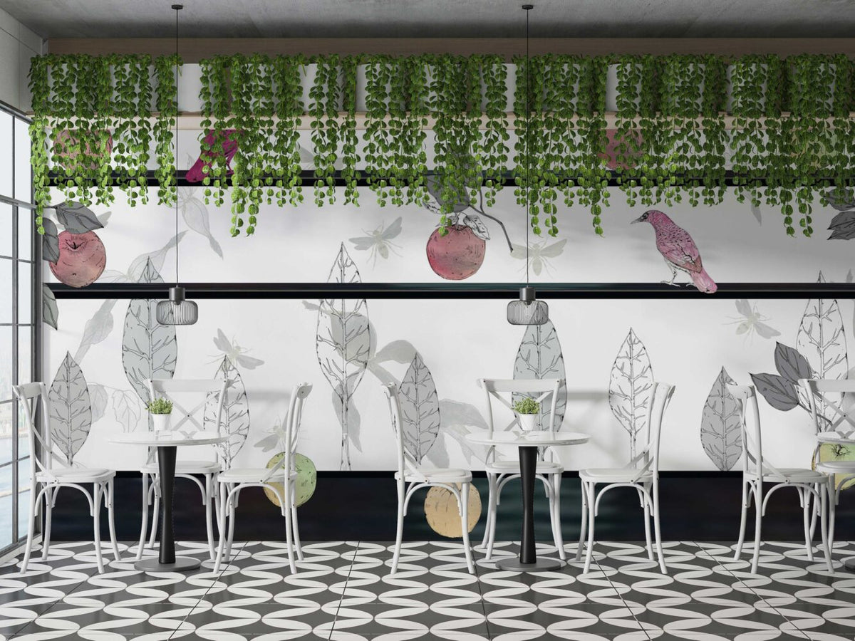 White Apple Birds Wallpaper : Sketch Leaf Shelf Mural - View 6