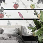 White Apple Birds Wallpaper : Sketch Leaf Shelf Mural