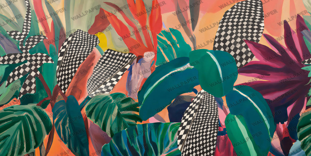 Bold Painted Tropics Wallpaper : Colourful Leaves Mural - flat design