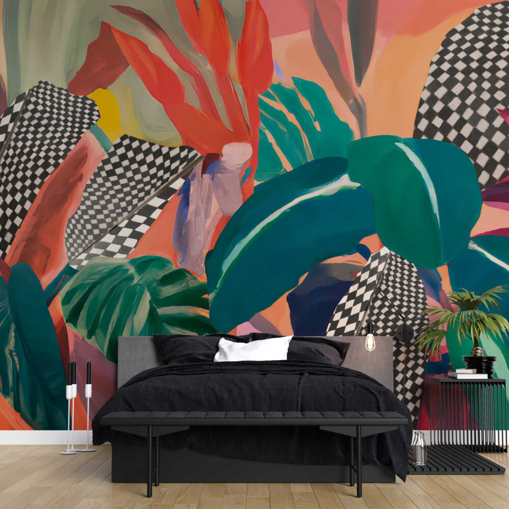 Bold Painted Tropics Wallpaper : Colourful Leaves Mural - View 2