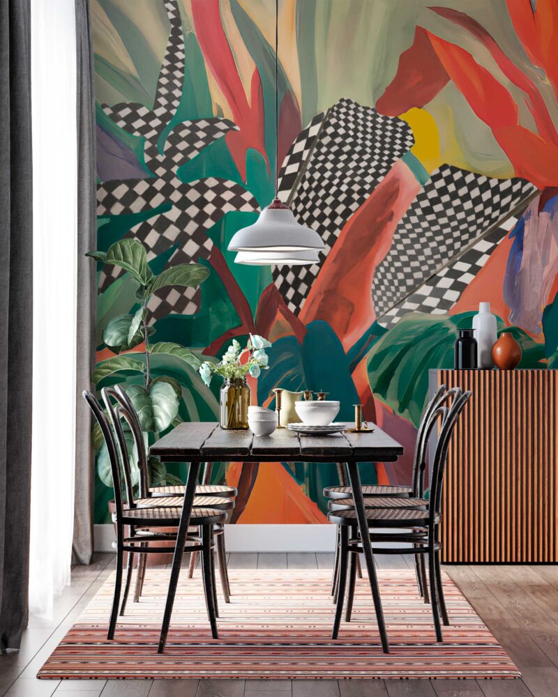 Bold Painted Tropics Wallpaper : Colourful Leaves Mural - View 3