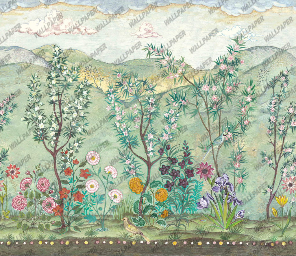 Green Oleander Wallpaper : Chinoiserie Blossom Garden Mural - View 2
