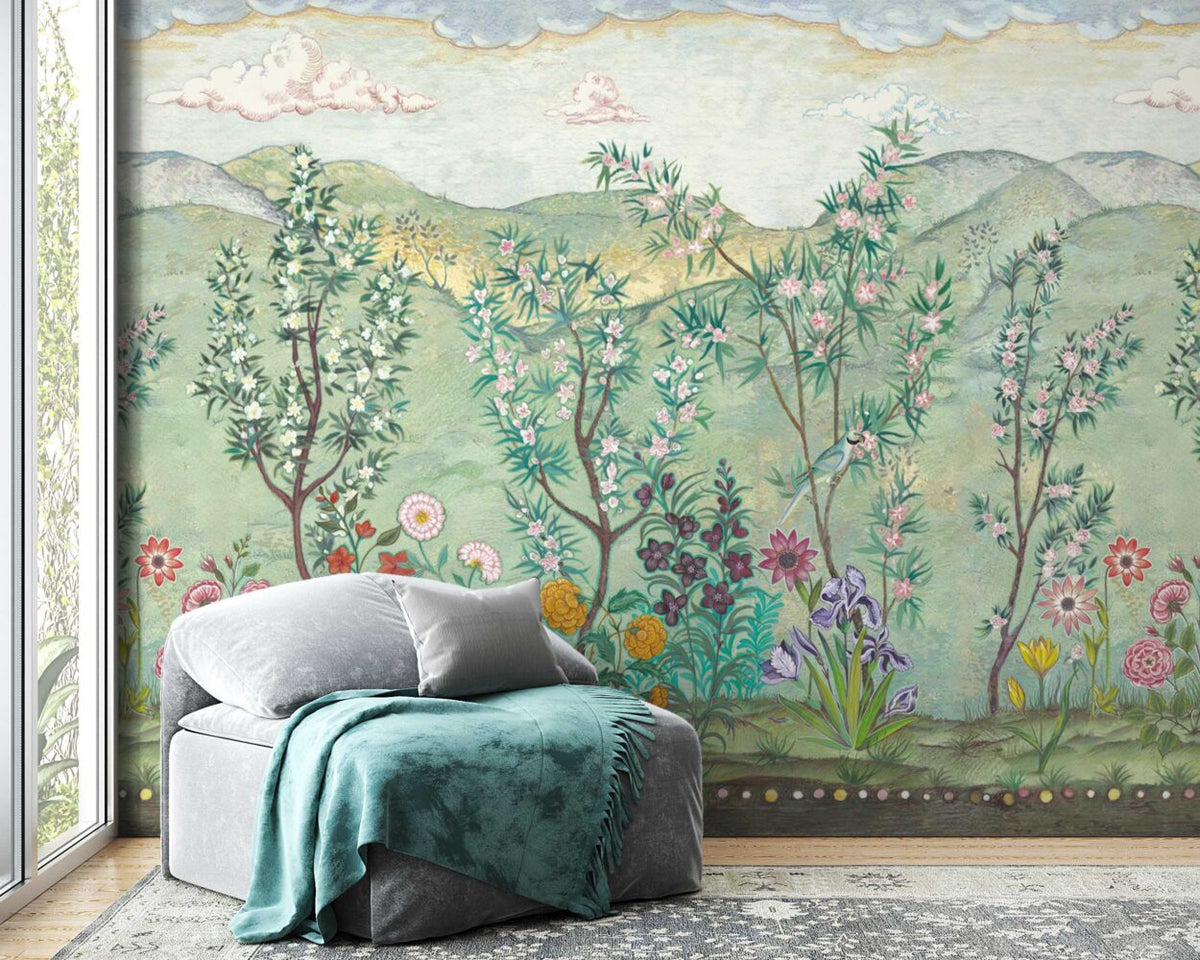 Green Oleander Wallpaper : Chinoiserie Blossom Garden Mural - View 3