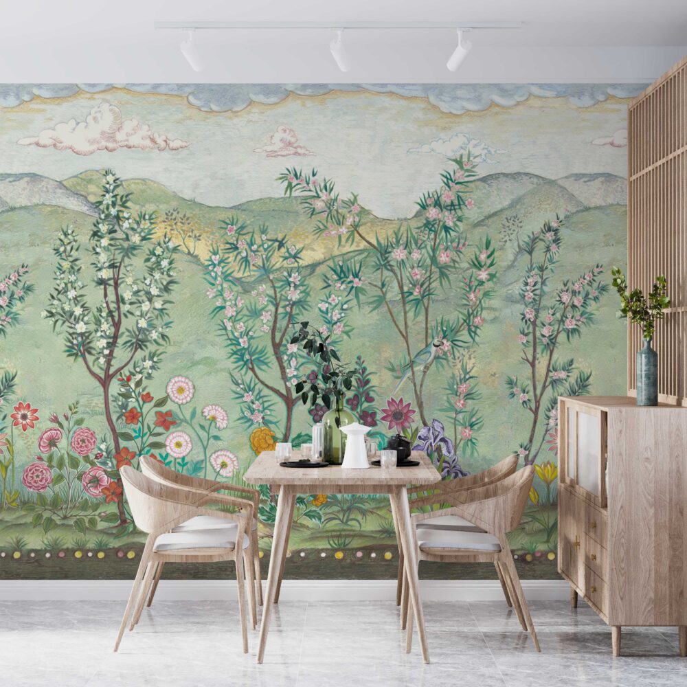 Green Oleander Wallpaper : Chinoiserie Blossom Garden Mural - View 5
