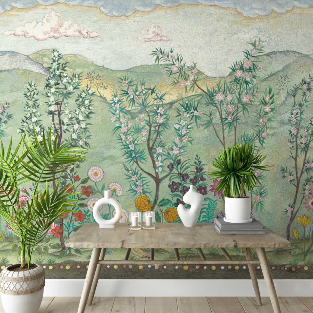 Green Oleander Wallpaper : Chinoiserie Blossom Garden Mural