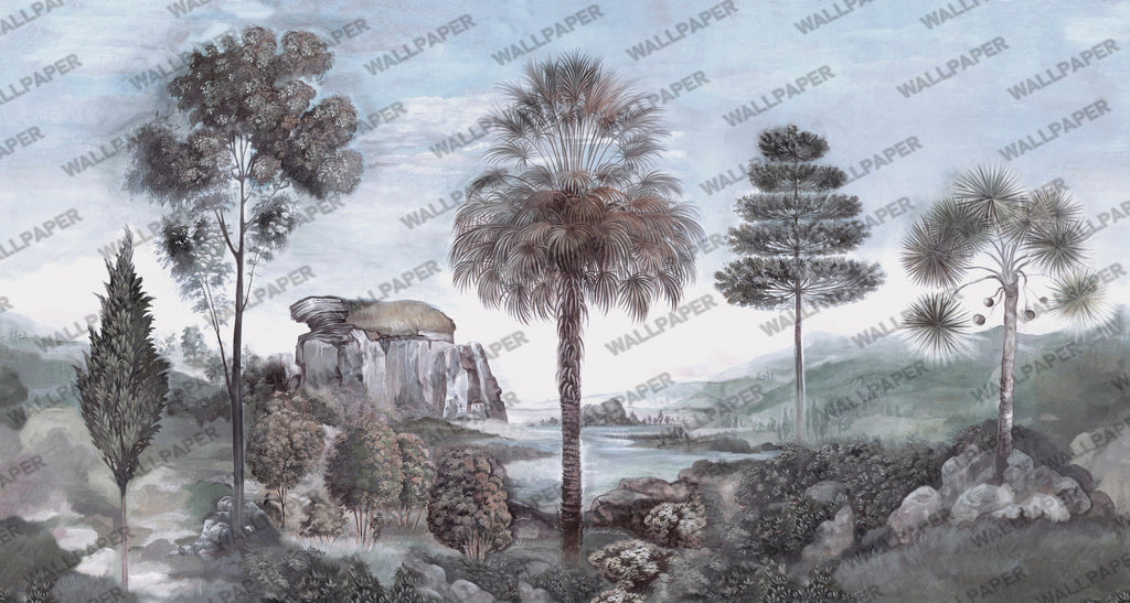 Grey Peru River Wallpaper : Muted Palm Cliffs Mural - View 2