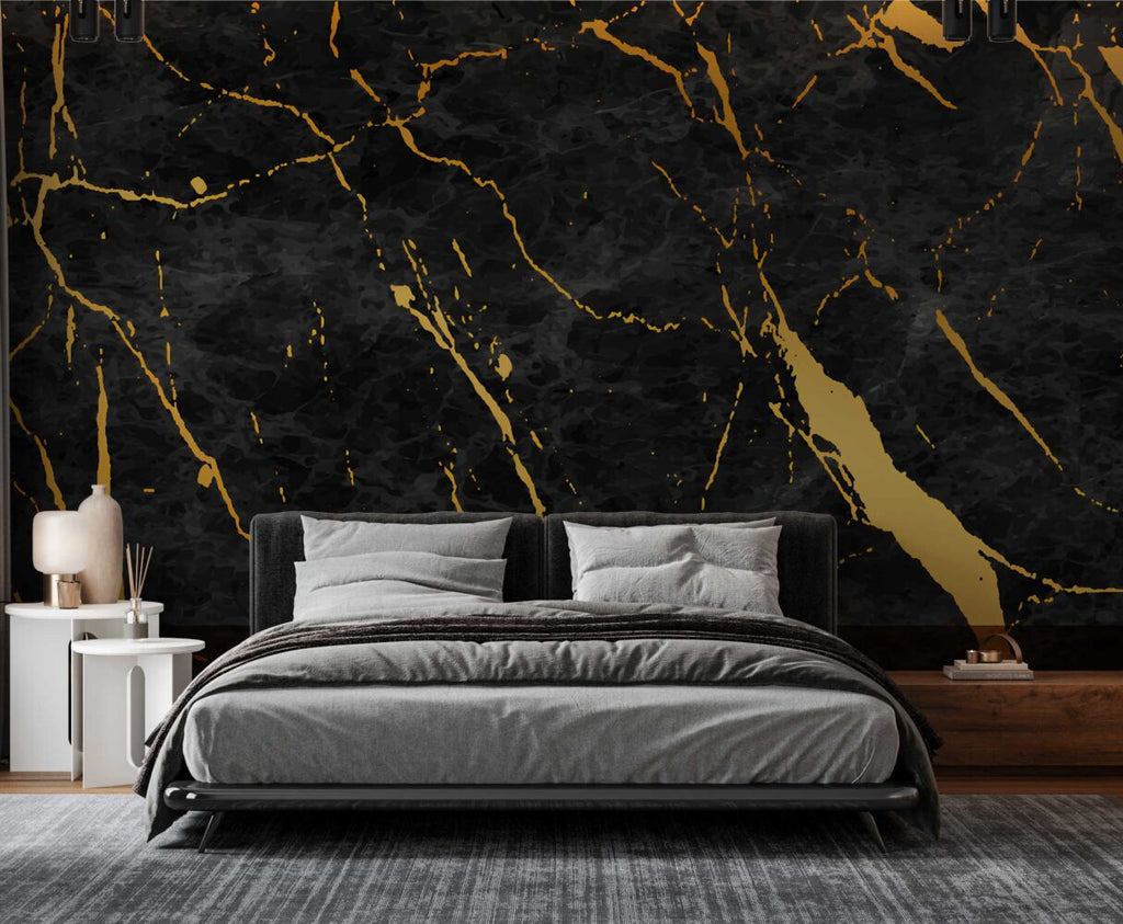 Black and Gold Marble Wallpaper : Gold Paint on Dark Concrete Mural - View 2