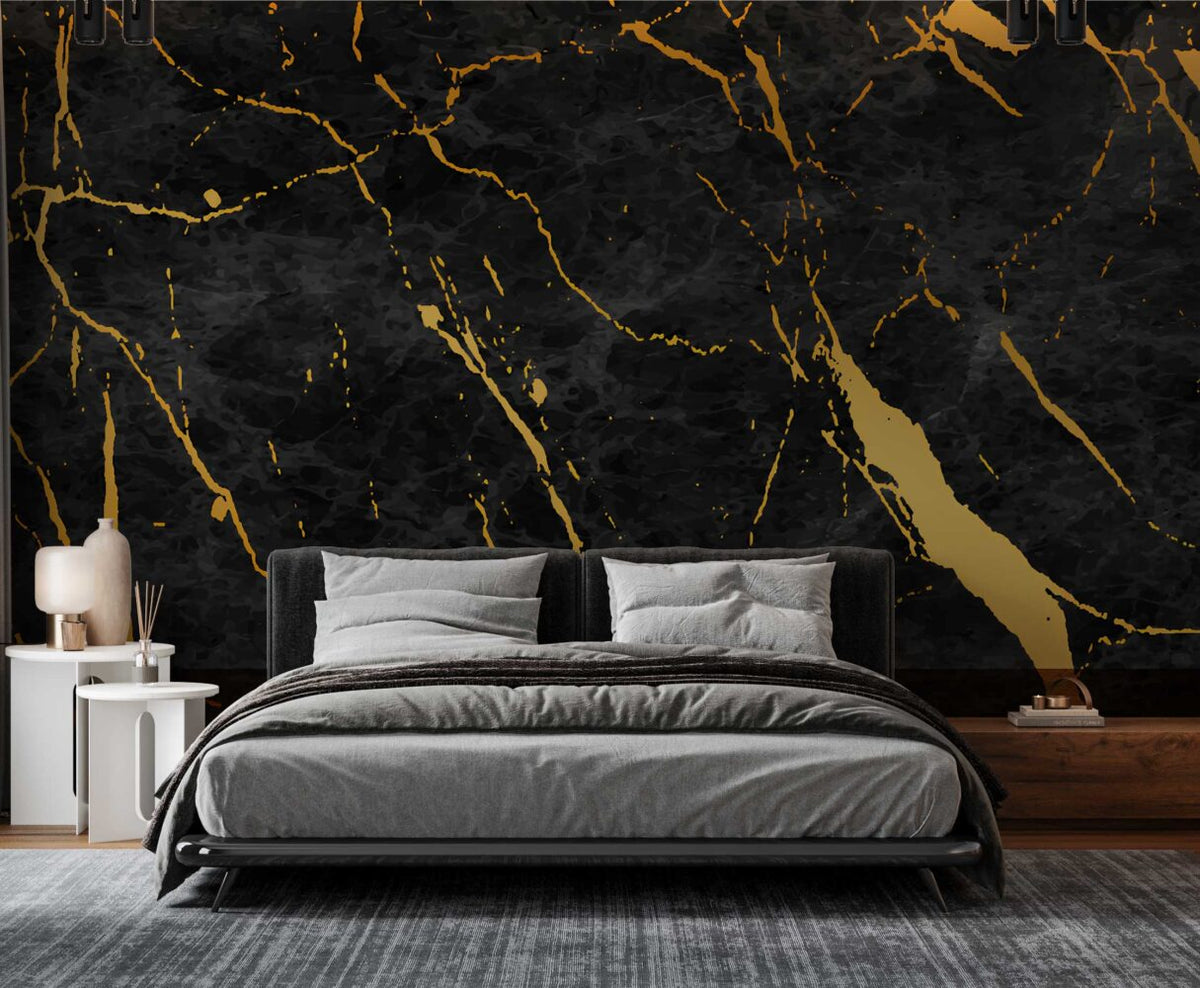 Black and Gold Marble Wallpaper : Gold Paint on Dark Concrete Mural - View 2